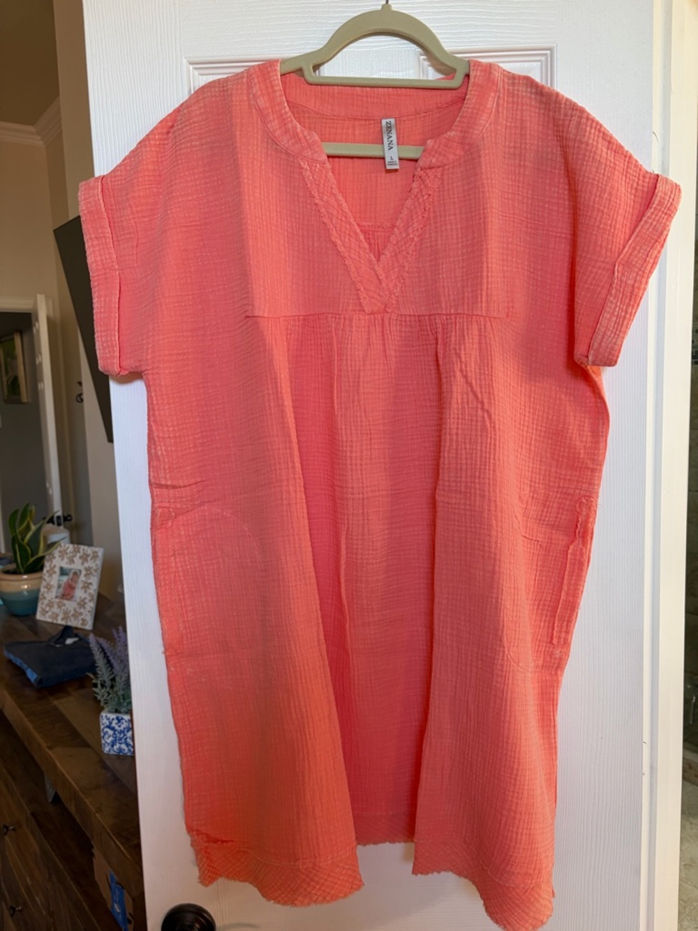 Zenana Coral Pink Gauze V-Neck Tunic